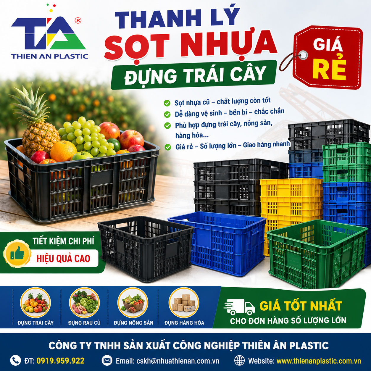 Thanh lý sọt nhựa đựng trái cây giá rẻ  tại Thiên Ân Plastic