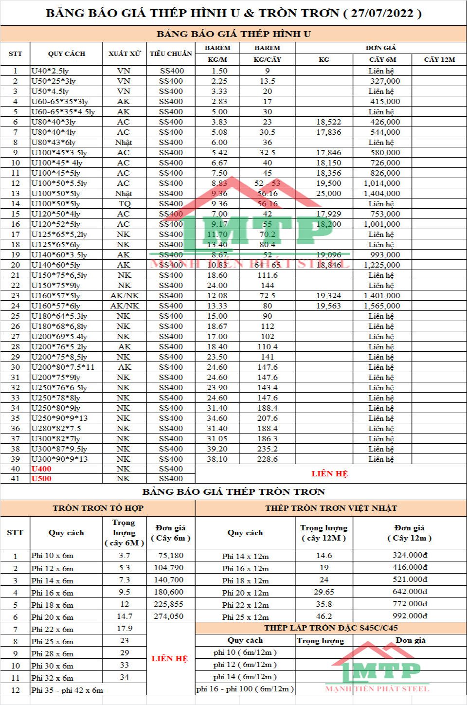 Bảng báo giá thép hình tại Mạnh Tiến Phát